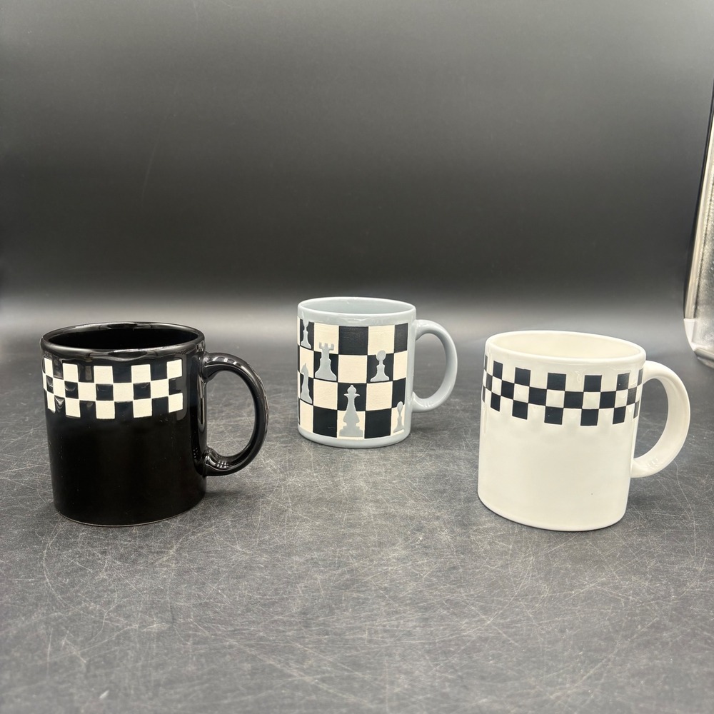 Vintage Waechtersbach W Germany Chess Checkerboard Mug Set of 3 Black White Blue